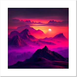 Vaporwave Retrowave sunset mountains landscape purple pink fog Posters and Art